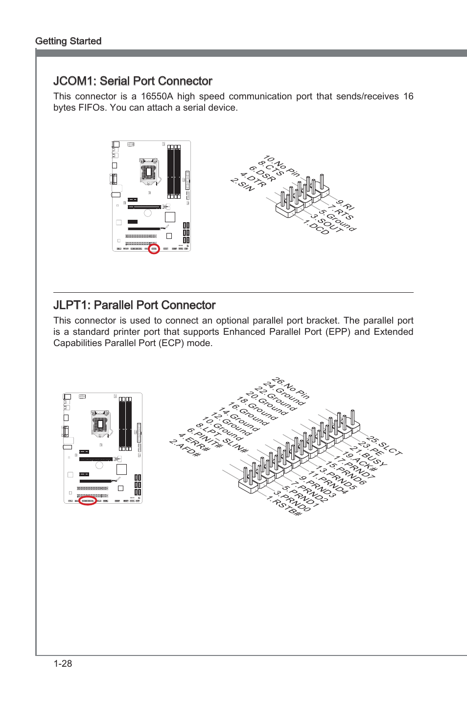 Jcom1: serial port connector, Jlpt1: parallel port connector, Jcom1 | Seral port connector, Jlpt1, Parallel port connector, Jcom1: seral port connector | MSI Z77A-G41 User Manual | Page 38 / 92