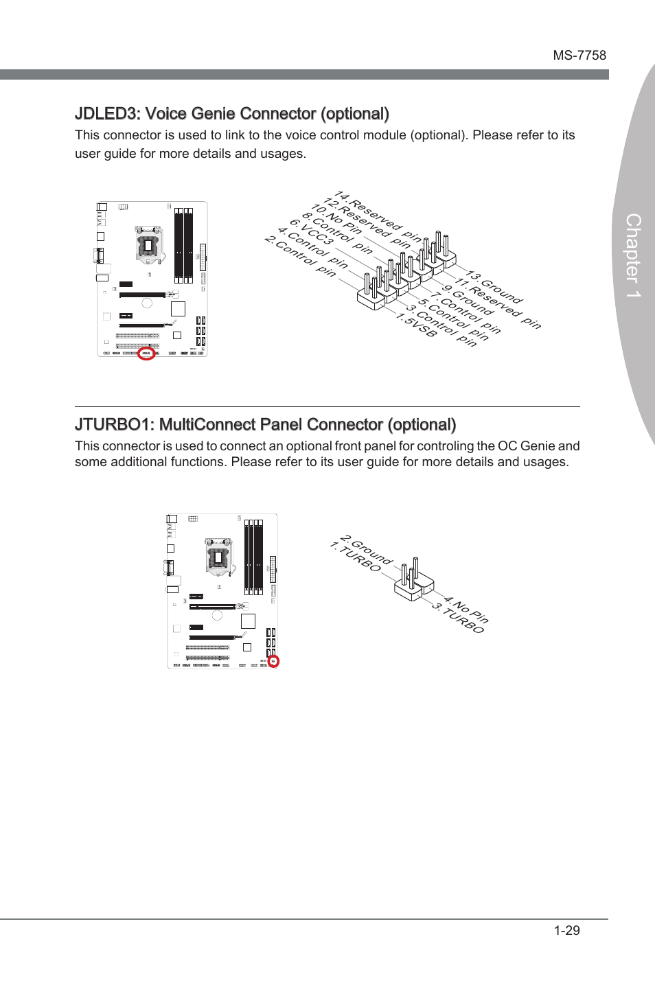 Jdled3: voice genie connector (optional), Jturbo1: multiconnect panel connector (optional), Jdled3 | Voce gene connector, Jturbo1, Multconnect panel connector, Chapter 1, Jdled3: voce gene connector (optonal), Jturbo1: multconnect panel connector (optonal) | MSI Z77A-G41 User Manual | Page 39 / 92