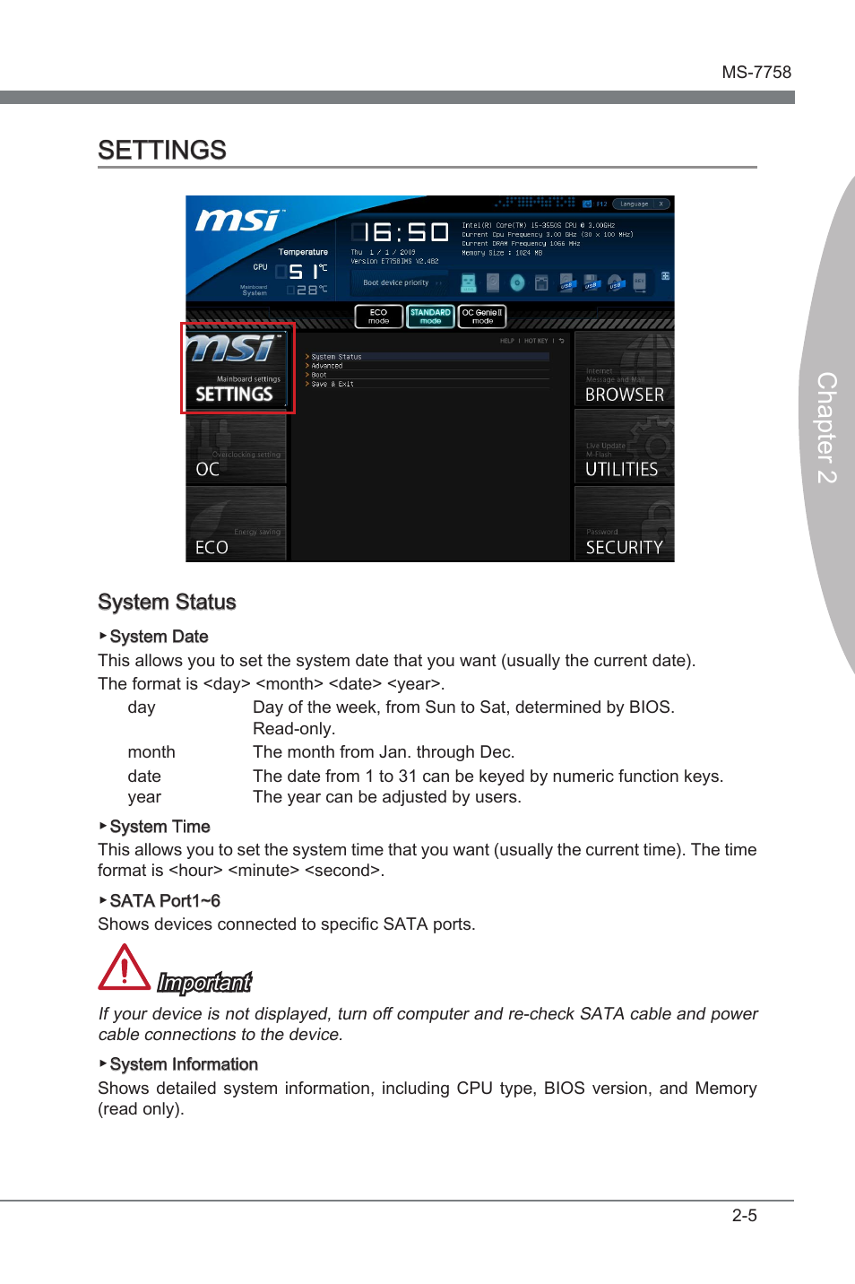 Settings -5, Chapter 2 settings, System status | Important | MSI Z77A-G41 User Manual | Page 45 / 92