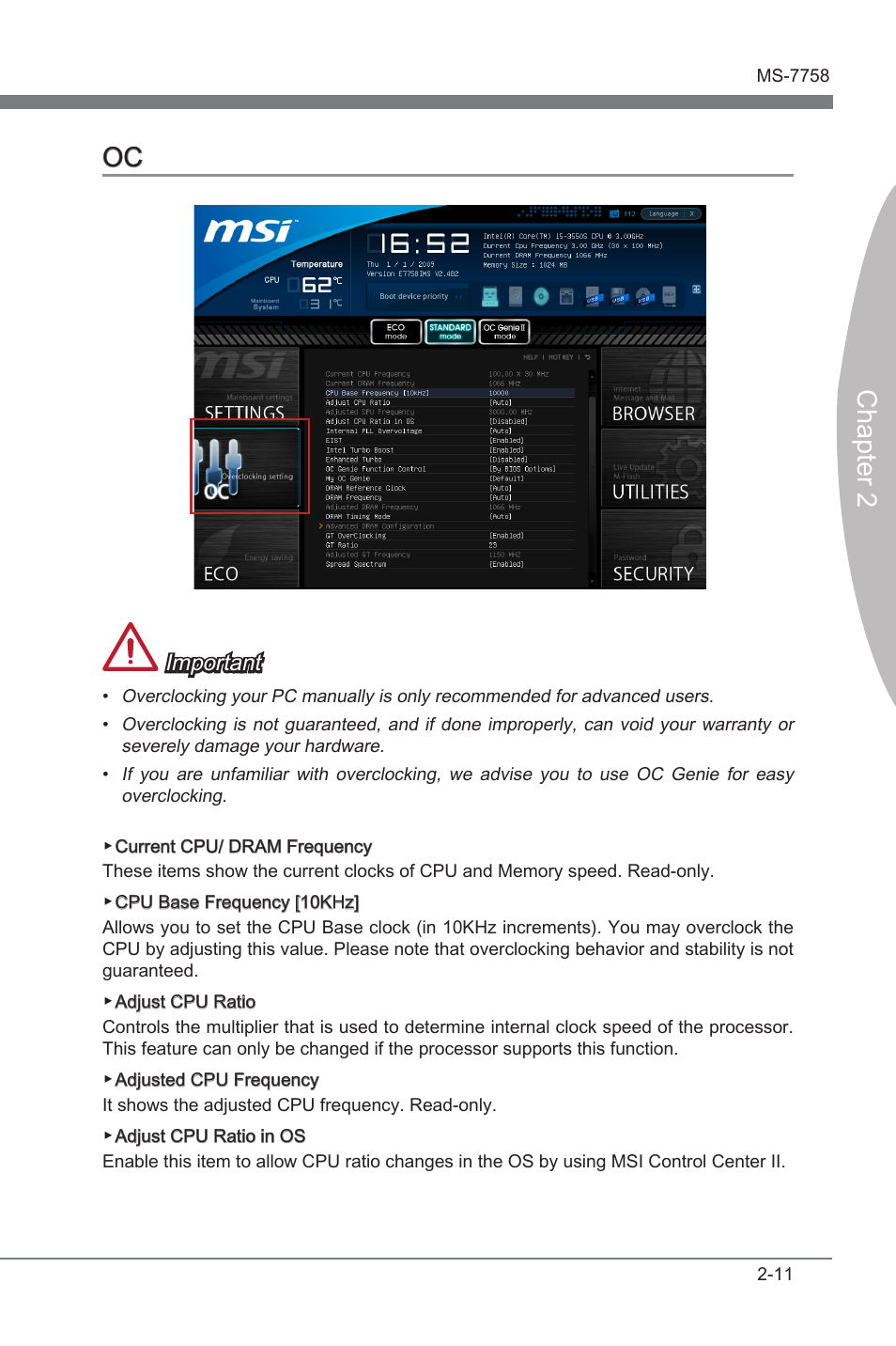 Oc -11, Chapter 2 oc, Important | MSI Z77A-G41 User Manual | Page 51 / 92