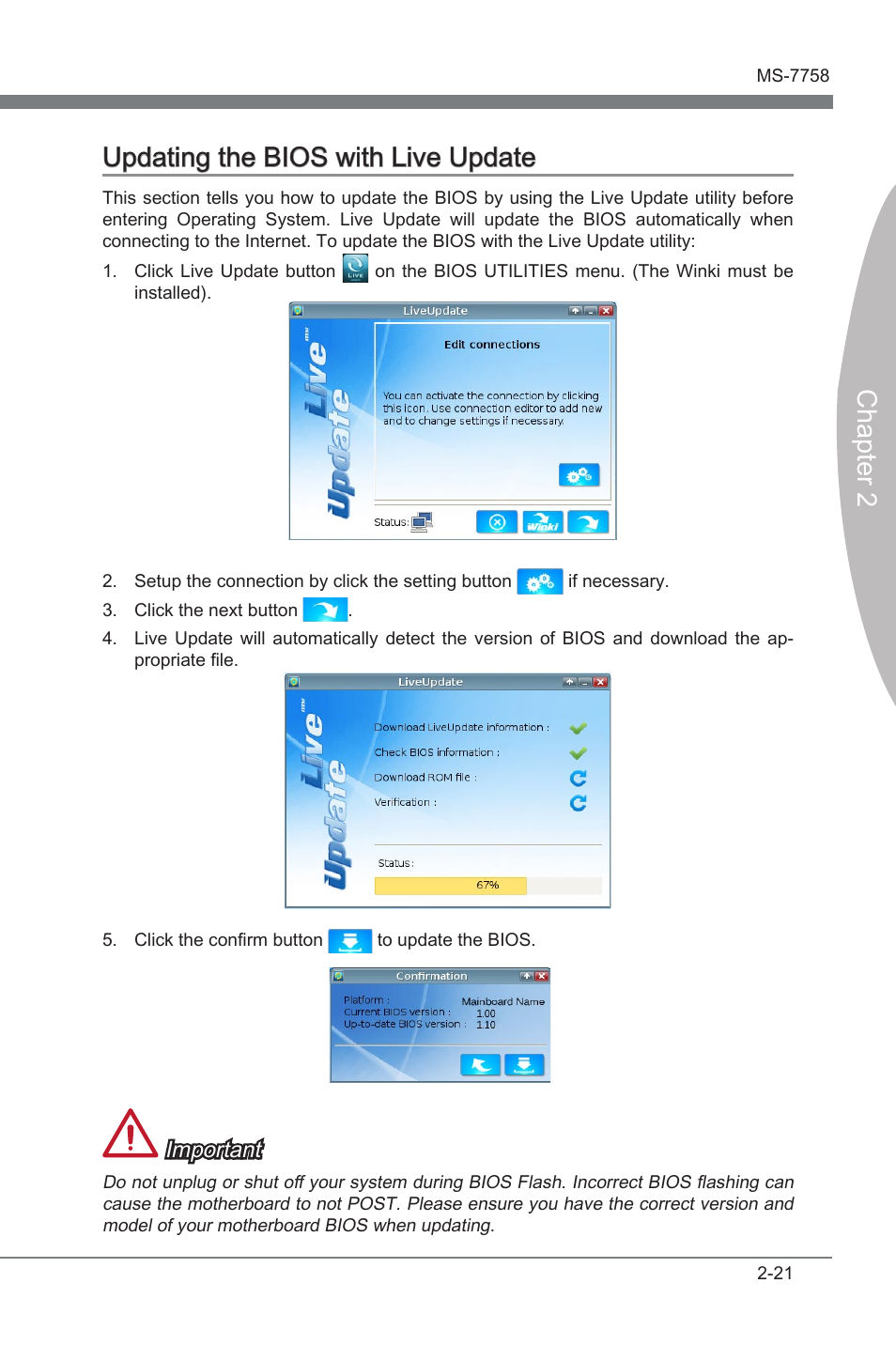 Updatng the bios wth lve update -21, Chapter 2 updatng the bios wth lve update, Important | MSI Z77A-G41 User Manual | Page 61 / 92