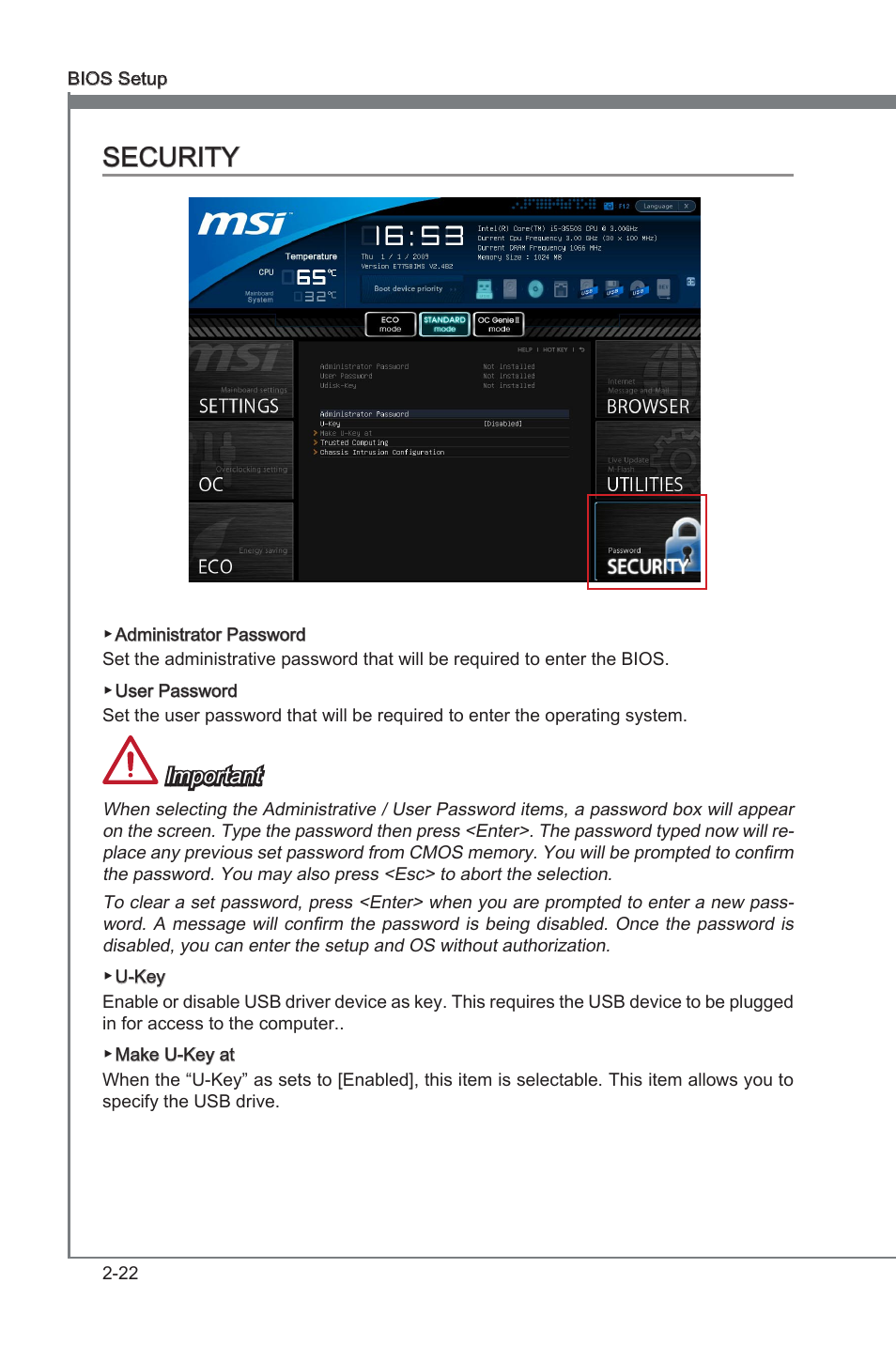 Security -22, Security, Important | MSI Z77A-G41 User Manual | Page 62 / 92