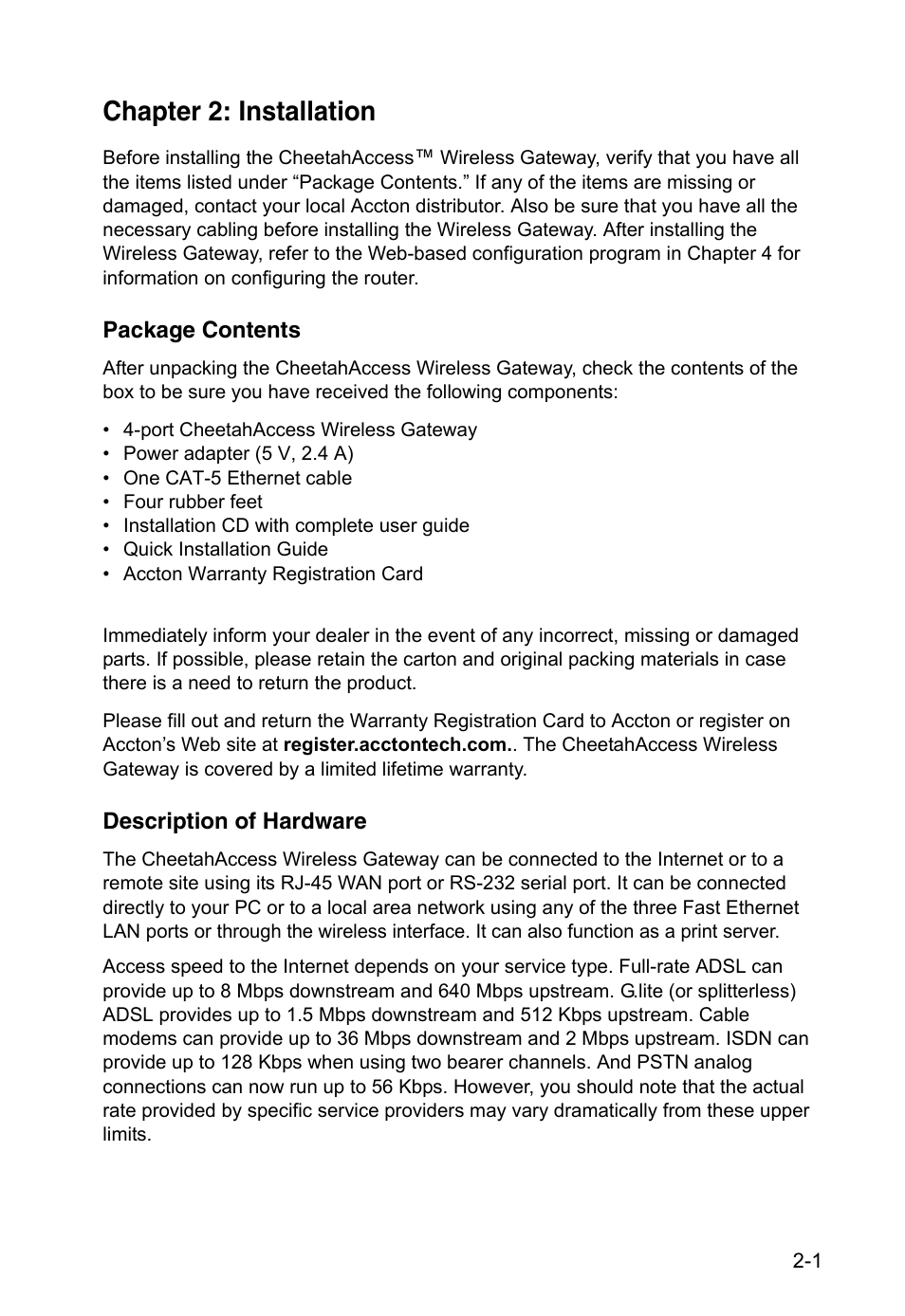 Chapter 2: installation, Package contents, Description of hardware | Chapter 2 | Accton Technology CheetahAccess Wireless Gateway AC-IG2004W User Manual | Page 13 / 74