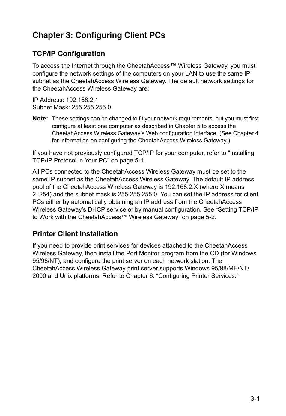 Chapter 3: configuring client pcs, Tcp/ip configuration, Printer client installation | Chapter 3 | Accton Technology CheetahAccess Wireless Gateway AC-IG2004W User Manual | Page 21 / 74