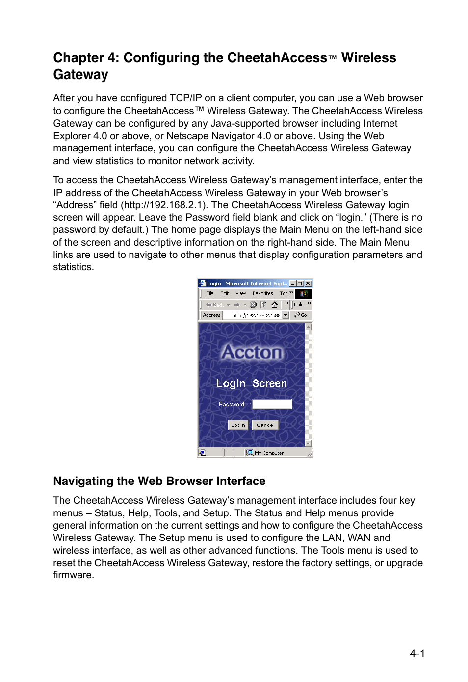 Navigating the web browser interface, Chapter 4, Chapter 4: configuring the cheetahaccess | Wireless gateway | Accton Technology CheetahAccess Wireless Gateway AC-IG2004W User Manual | Page 23 / 74