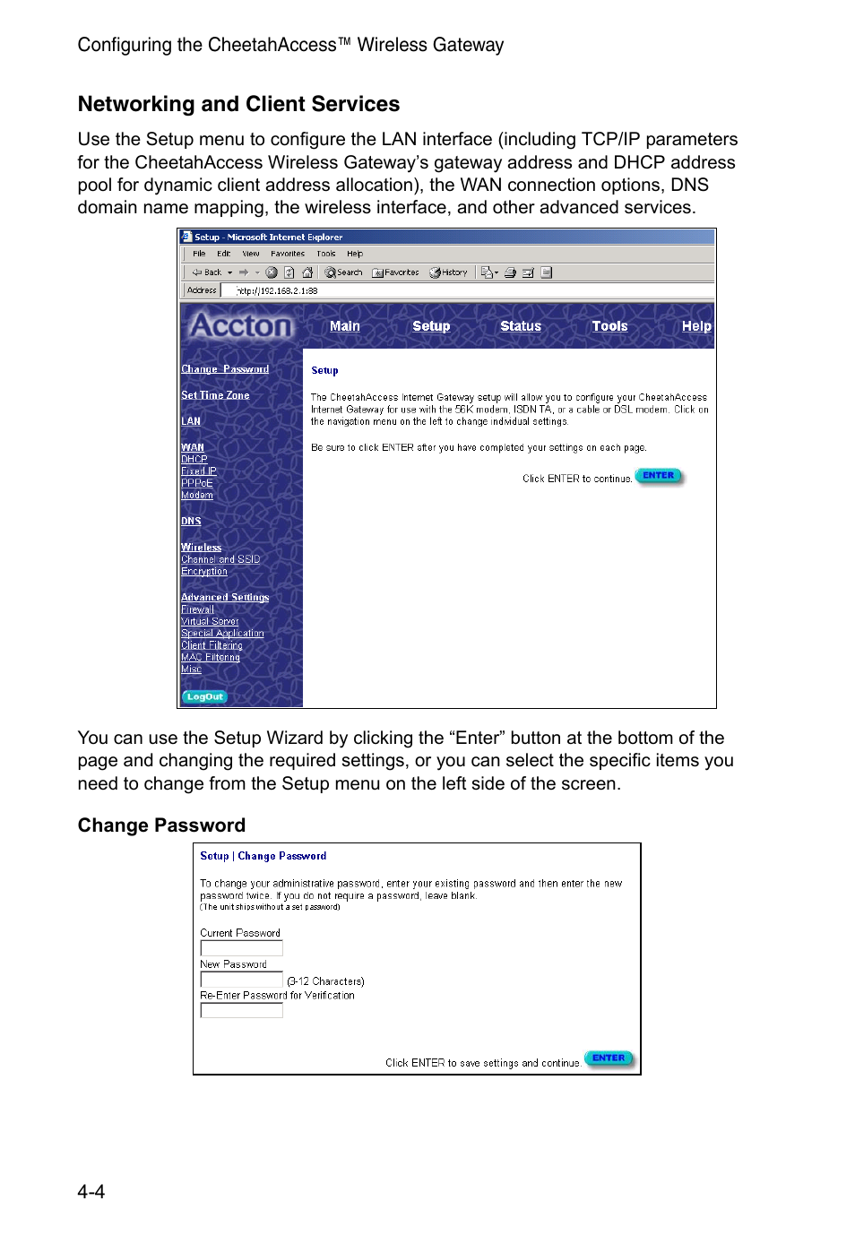 Networking and client services, Change password | Accton Technology CheetahAccess Wireless Gateway AC-IG2004W User Manual | Page 26 / 74