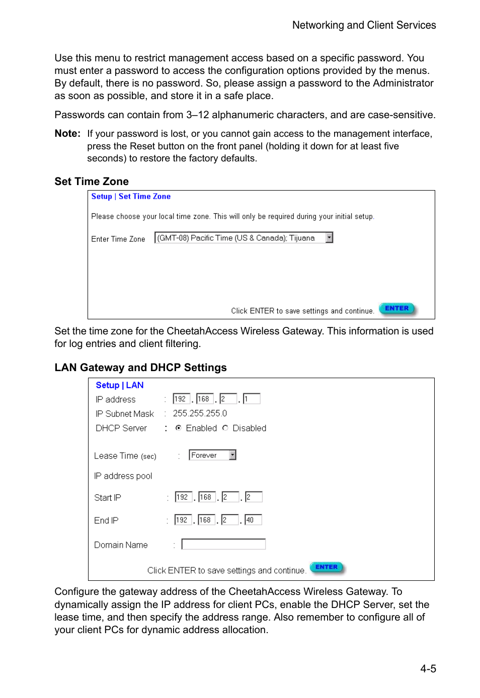 Set time zone, Lan gateway and dhcp settings | Accton Technology CheetahAccess Wireless Gateway AC-IG2004W User Manual | Page 27 / 74