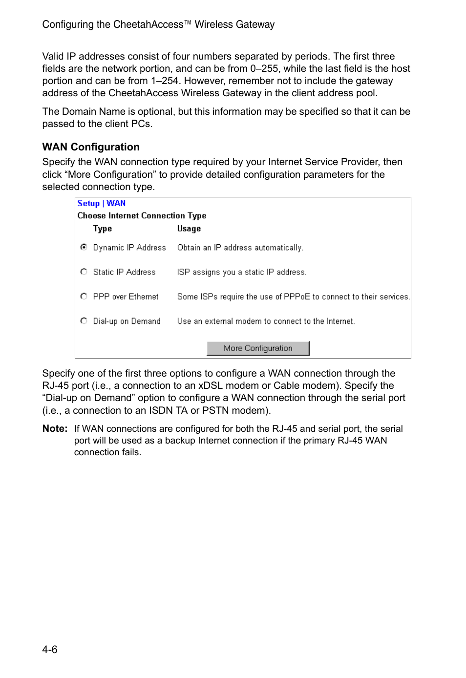 Wan configuration | Accton Technology CheetahAccess Wireless Gateway AC-IG2004W User Manual | Page 28 / 74