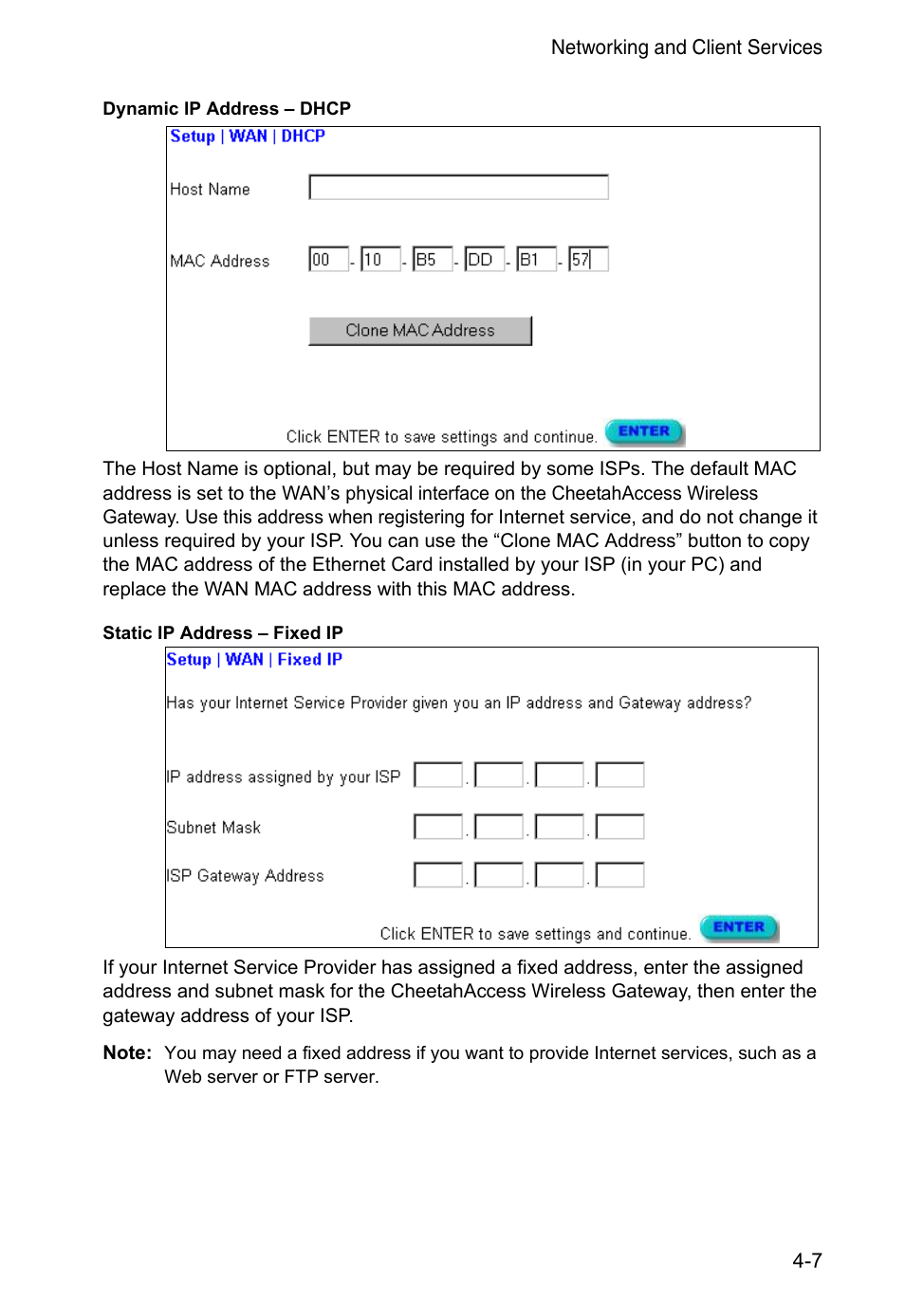 Dynamic ip address – dhcp, Static ip address – fixed ip | Accton Technology CheetahAccess Wireless Gateway AC-IG2004W User Manual | Page 29 / 74