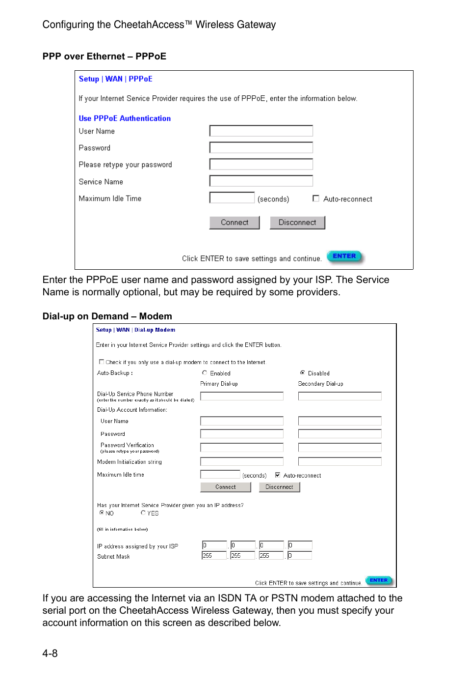 Ppp over ethernet – pppoe, Dial-up on demand – modem | Accton Technology CheetahAccess Wireless Gateway AC-IG2004W User Manual | Page 30 / 74