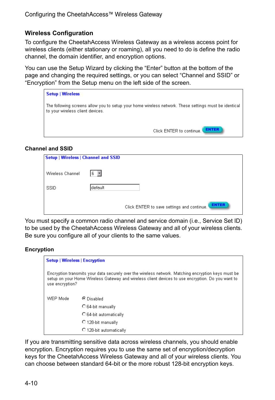Wireless configuration, Channel and ssid, Encryption | Encryption 4-10 | Accton Technology CheetahAccess Wireless Gateway AC-IG2004W User Manual | Page 32 / 74