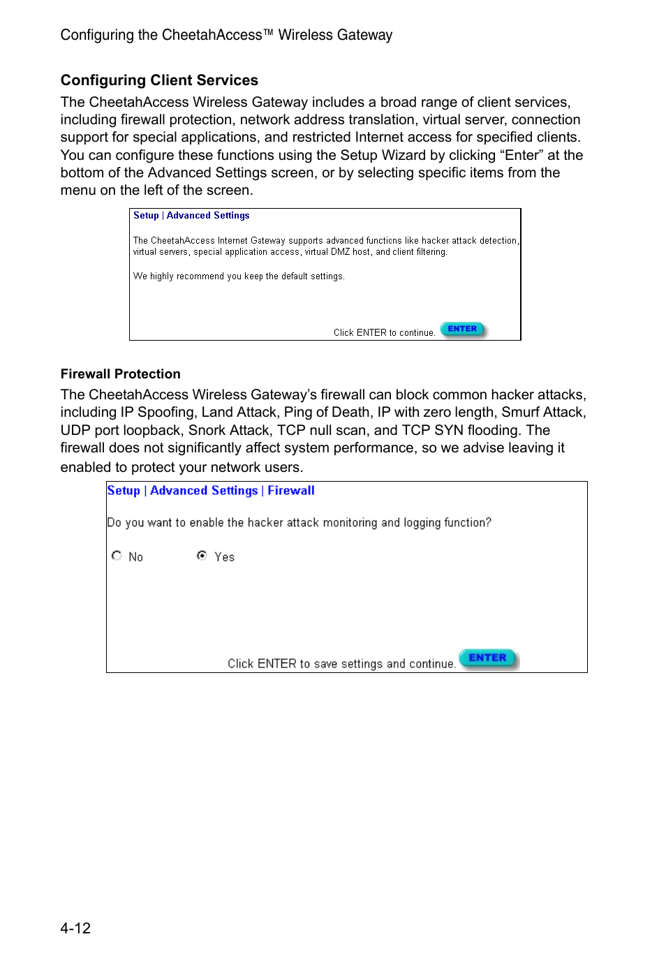 Configuring client services, Firewall protection | Accton Technology CheetahAccess Wireless Gateway AC-IG2004W User Manual | Page 34 / 74