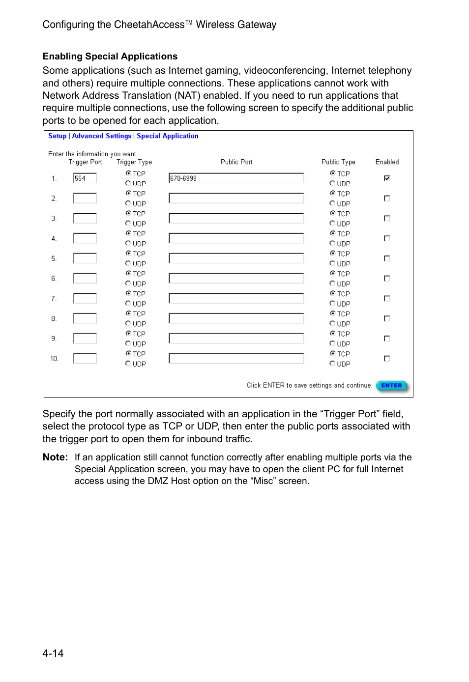 Enabling special applications | Accton Technology CheetahAccess Wireless Gateway AC-IG2004W User Manual | Page 36 / 74