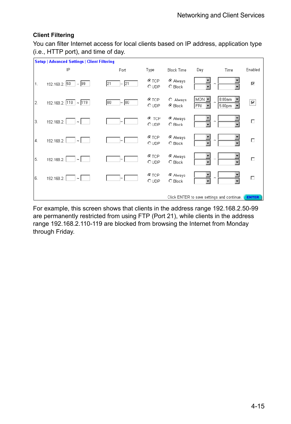 Client filtering | Accton Technology CheetahAccess Wireless Gateway AC-IG2004W User Manual | Page 37 / 74