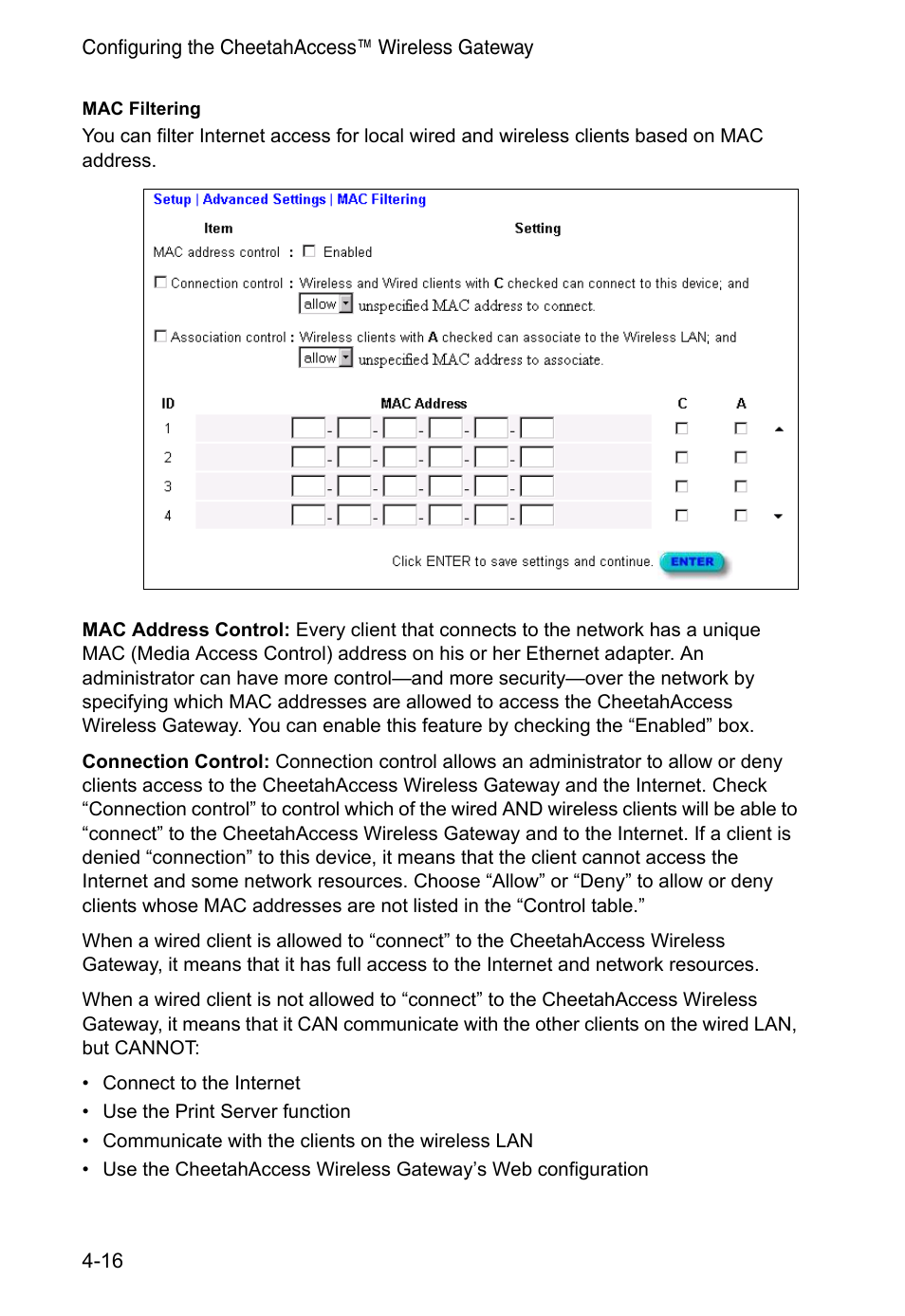 Mac filtering | Accton Technology CheetahAccess Wireless Gateway AC-IG2004W User Manual | Page 38 / 74