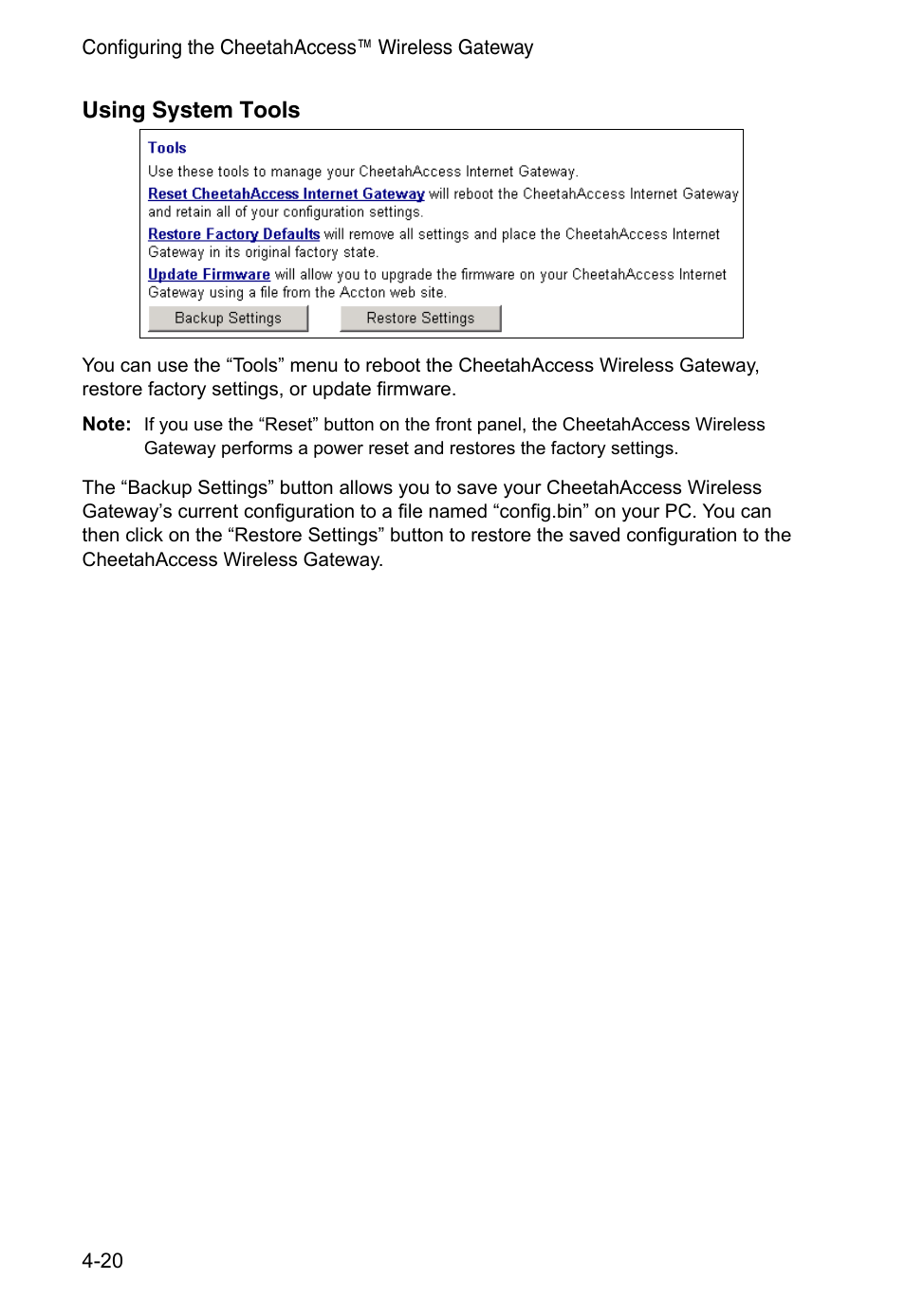 Using system tools | Accton Technology CheetahAccess Wireless Gateway AC-IG2004W User Manual | Page 42 / 74
