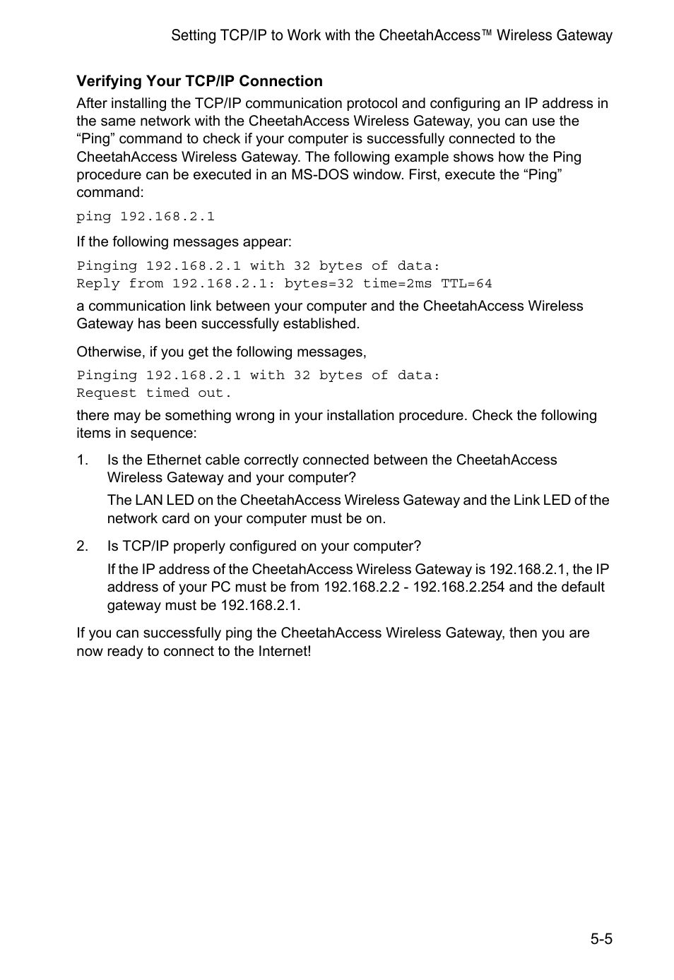 Verifying your tcp/ip connection | Accton Technology CheetahAccess Wireless Gateway AC-IG2004W User Manual | Page 47 / 74