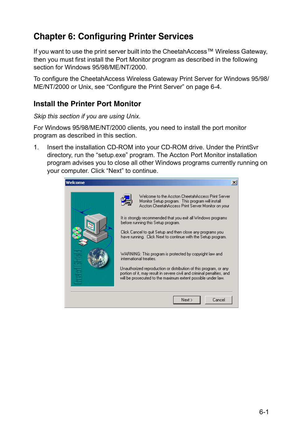 Chapter 6: configuring printer services, Install the printer port monitor, Chapter 6 | Accton Technology CheetahAccess Wireless Gateway AC-IG2004W User Manual | Page 49 / 74