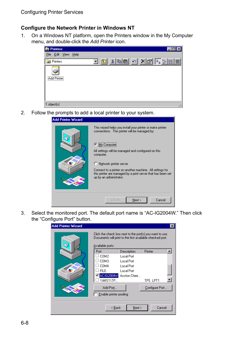 Configure the network printer in windows nt | Accton Technology CheetahAccess Wireless Gateway AC-IG2004W User Manual | Page 56 / 74