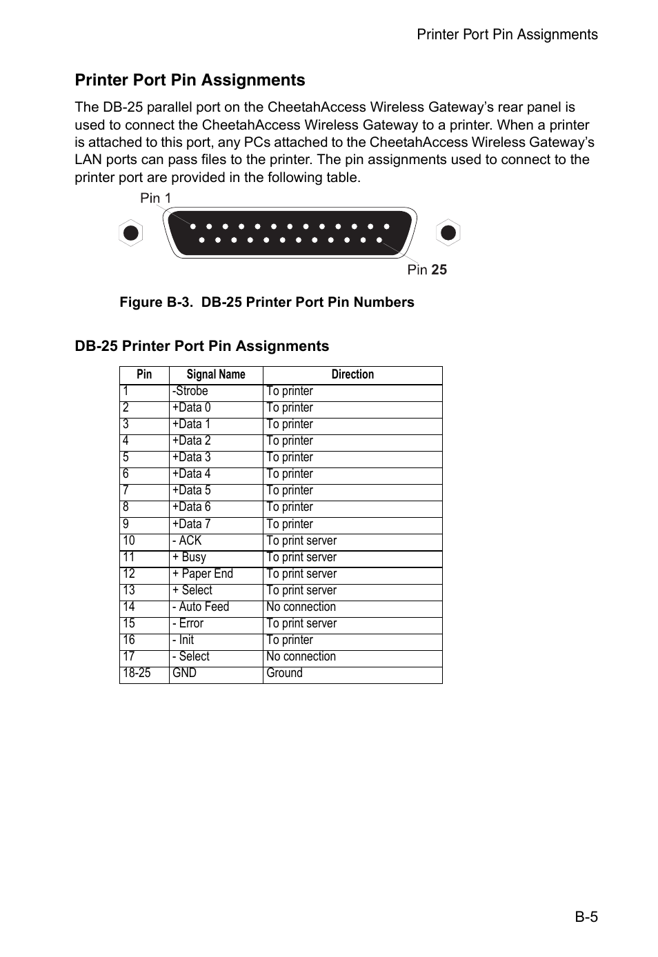 Printer port pin assignments, Db-25 printer port pin assignments | Accton Technology CheetahAccess Wireless Gateway AC-IG2004W User Manual | Page 65 / 74