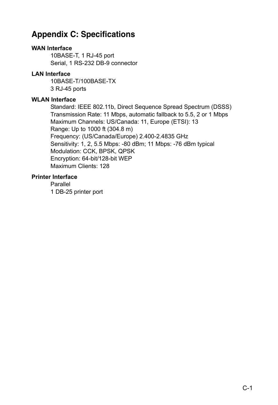 Appendix c: specifications | Accton Technology CheetahAccess Wireless Gateway AC-IG2004W User Manual | Page 67 / 74