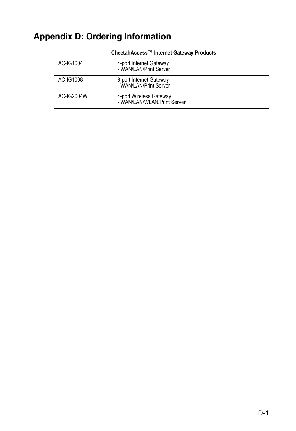 Appendix d: ordering information | Accton Technology CheetahAccess Wireless Gateway AC-IG2004W User Manual | Page 71 / 74