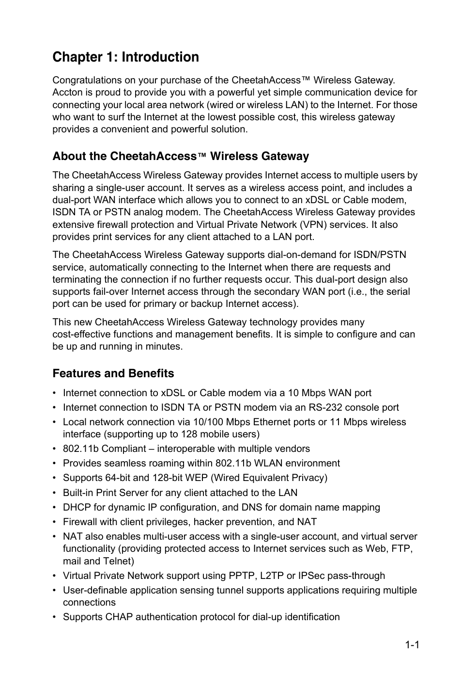 Chapter 1: introduction, About the cheetahaccess™ wireless gateway, Features and benefits | Chapter 1, About the cheetahaccess | Accton Technology CheetahAccess Wireless Gateway AC-IG2004W User Manual | Page 9 / 74