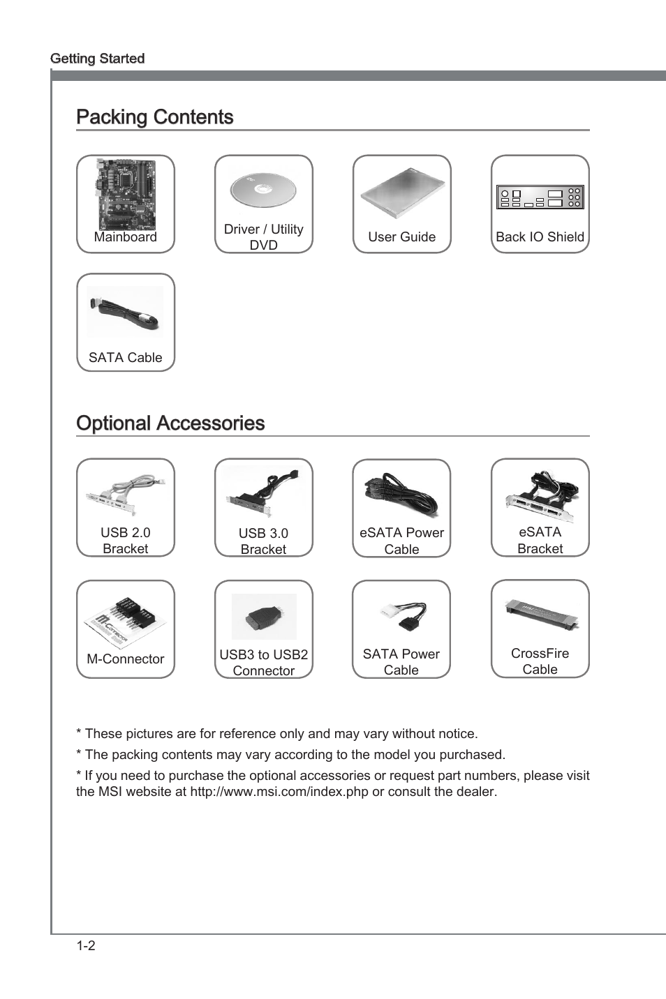 Packing contents, Optional accessories, Packng contents -2 optonal accessores -2 | Packng contents, Optonal accessores | MSI B75A-G43 User Manual | Page 12 / 66
