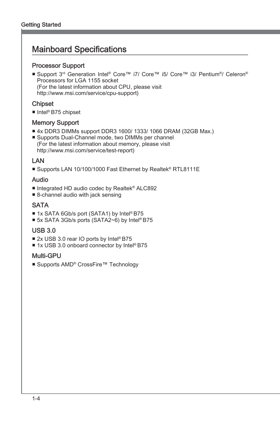 Mainboard specifications, Manboard specficatons -4, Manboard specficatons | MSI B75A-G43 User Manual | Page 14 / 66