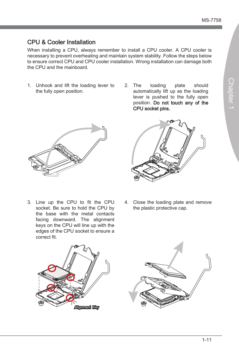 Cpu & cooler installation, Lga 1155 cpu socket, Chapter 1 | Cpu & cooler installaton | MSI B75A-G43 User Manual | Page 21 / 66