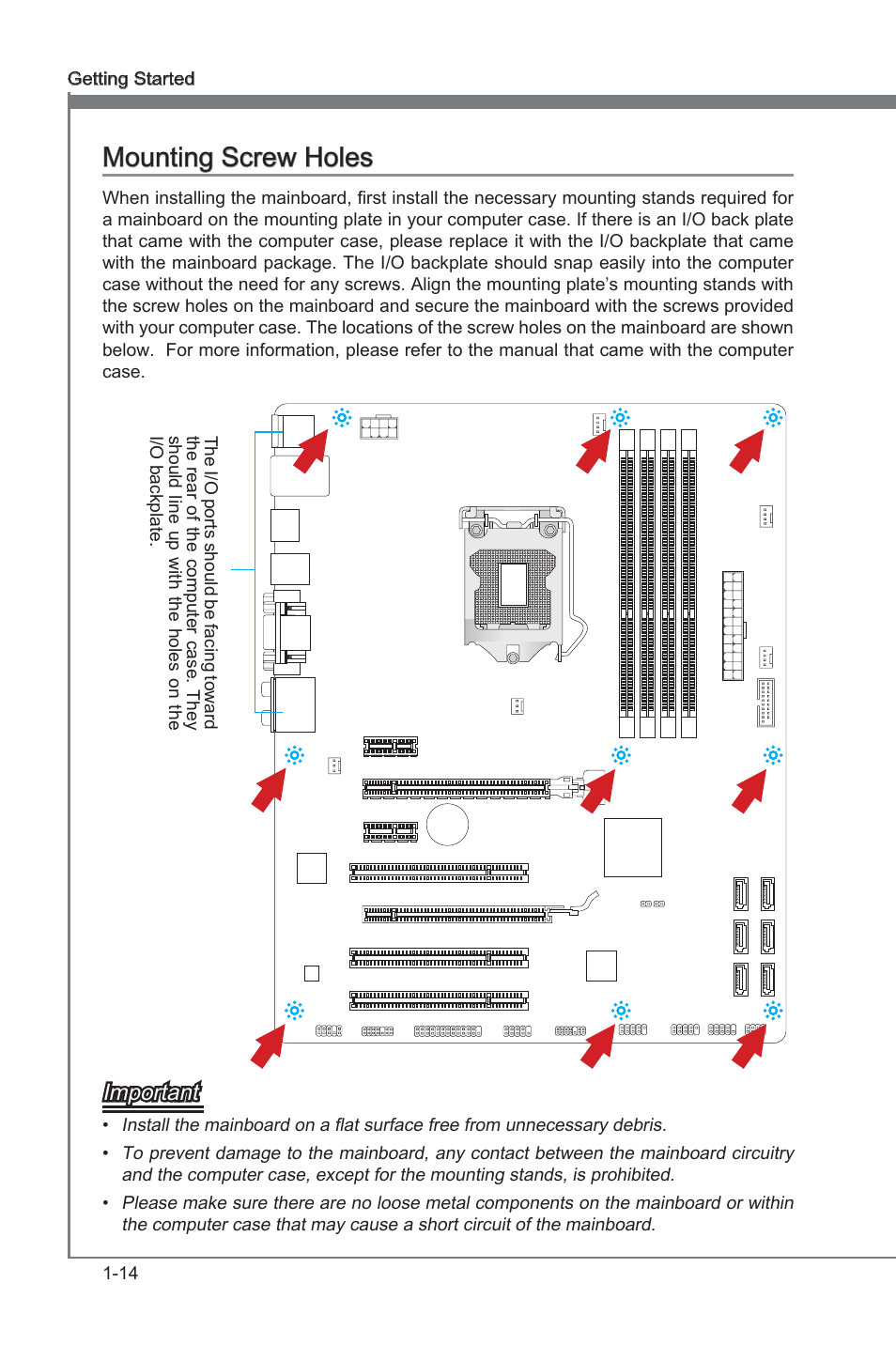 Mounting screw holes, Mountng screw holes -14, Mountng screw holes | Important | MSI B75A-G43 User Manual | Page 24 / 66