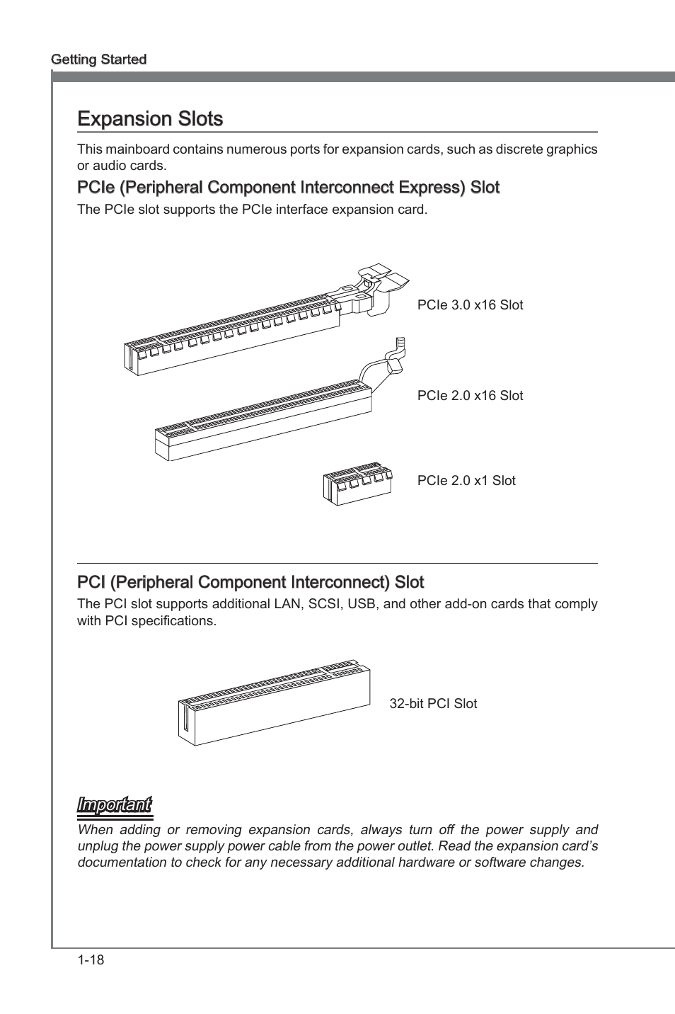 Expansion slots, Pci (peripheral component interconnect) slot, Expanson slots -18 | Pci1~3, Pci expanson slots, Pcie x16 expanson slots, Pcie x1 expanson slots, Expanson slots, Pci (perpheral component interconnect) slot, Important | MSI B75A-G43 User Manual | Page 28 / 66