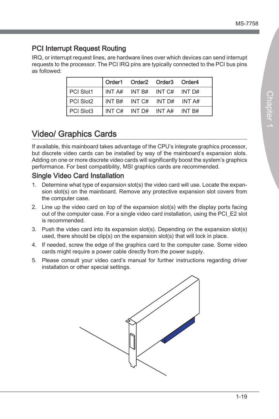 Video/ graphics cards, Vdeo/ graphcs cards -19, Chapter 1 | Vdeo/ graphcs cards, Pci interrupt request routng, Sngle vdeo card installaton | MSI B75A-G43 User Manual | Page 29 / 66