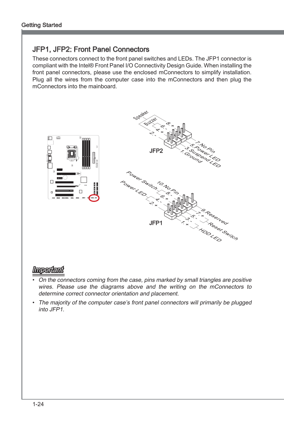 Jfp1, jfp2: front panel connectors, Jfp1, jfp2, Front panel connectors | Important | MSI B75A-G43 User Manual | Page 34 / 66
