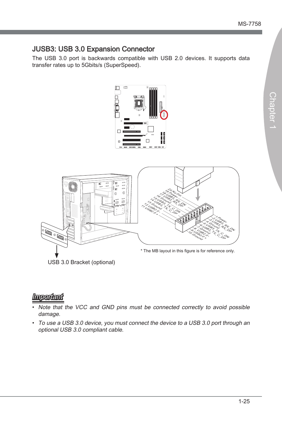 Jusb3: usb 3.0 expansion connector, Jusb3, Usb 3.0 expanson connector | Chapter 1, Jusb3: usb 3.0 expanson connector, Important, Usb 3.0 bracket (optonal) | MSI B75A-G43 User Manual | Page 35 / 66