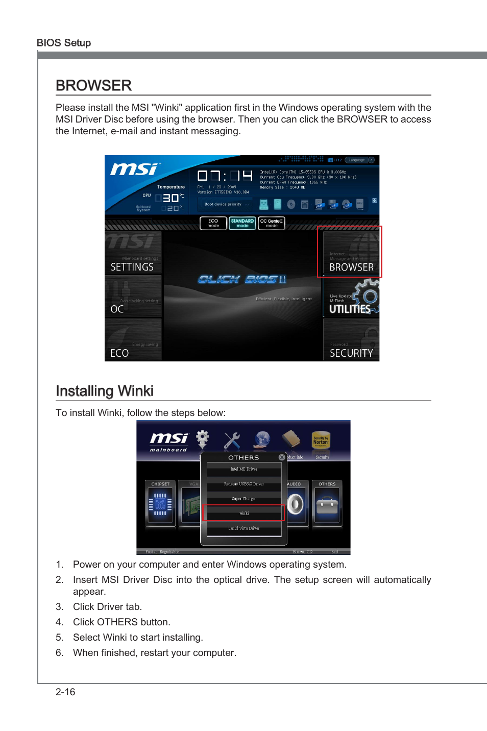 Browser, Installing winki, Browser -16 | Installng wnk -16, Installng wnk | MSI B75A-G43 User Manual | Page 56 / 66