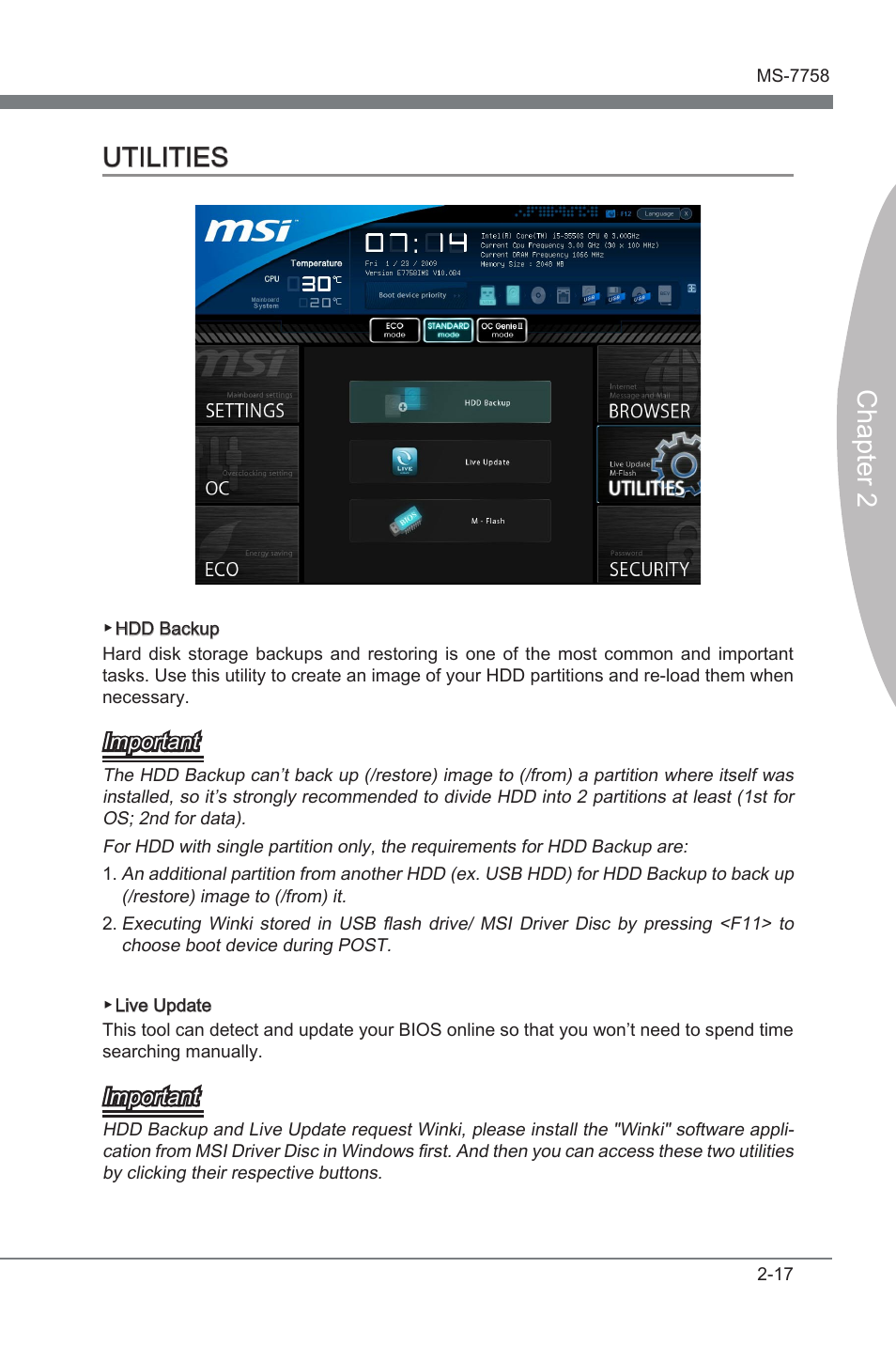 Utilities, Utilities -17, Chapter 2 utilities | Important | MSI B75A-G43 User Manual | Page 57 / 66