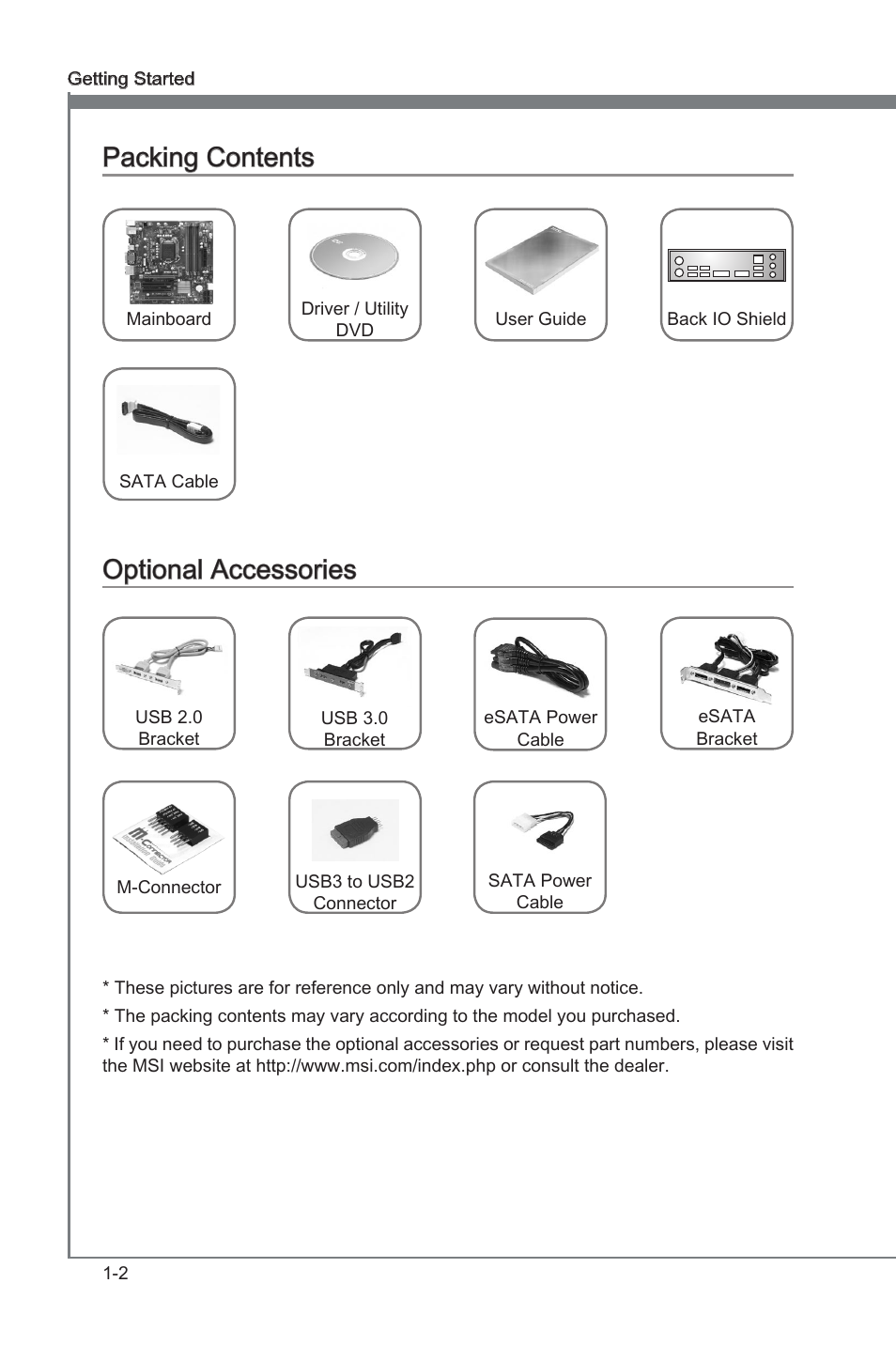 Packing contents, Optional accessories, Packng contents -2 optonal accessores -2 | Packng contents, Optonal accessores | MSI B75MA-G43 User Manual | Page 12 / 76