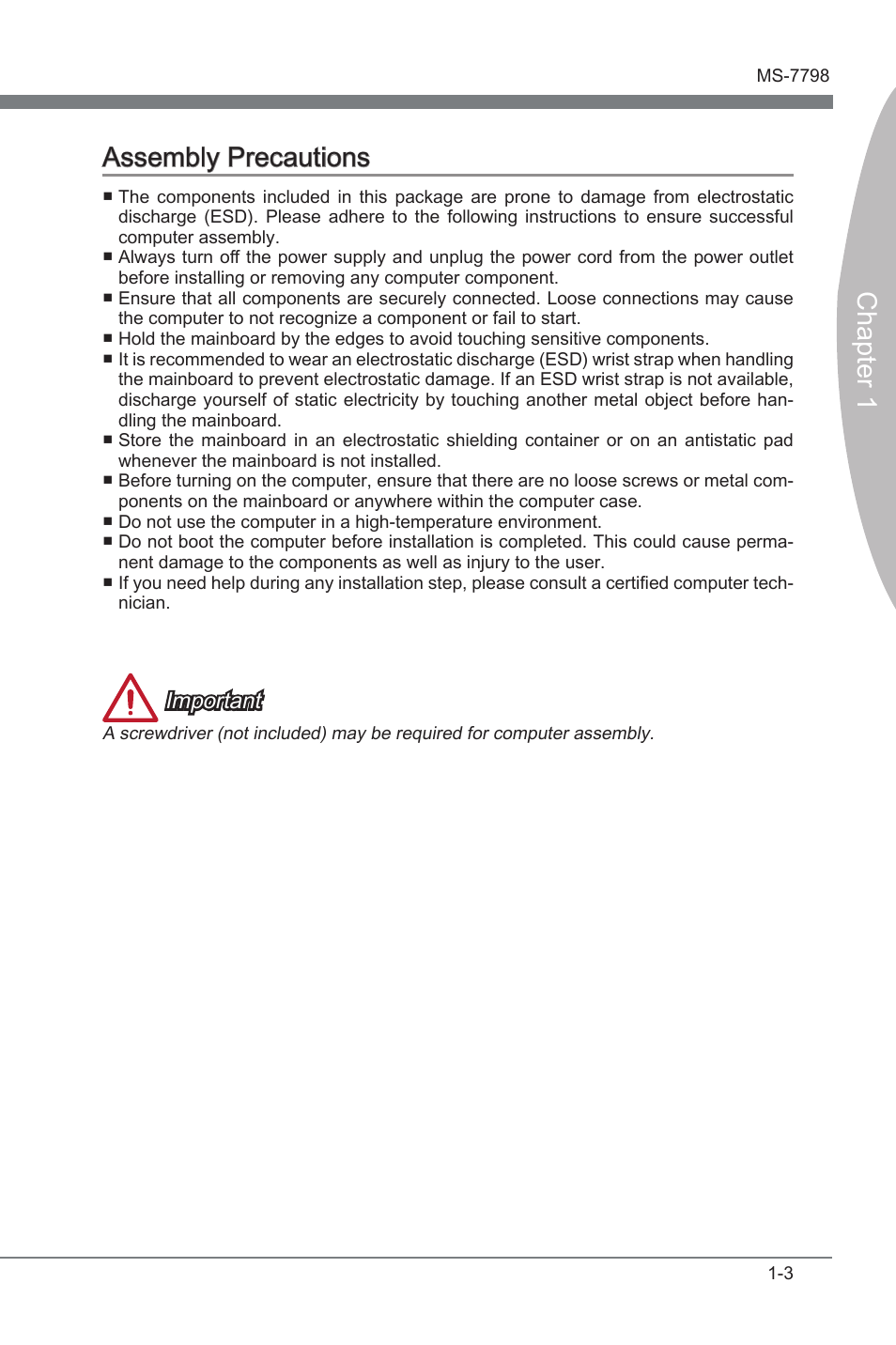 Assembly precautions, Assembly precautons -3, Chapter 1 assembly precautons | Important | MSI B75MA-G43 User Manual | Page 13 / 76
