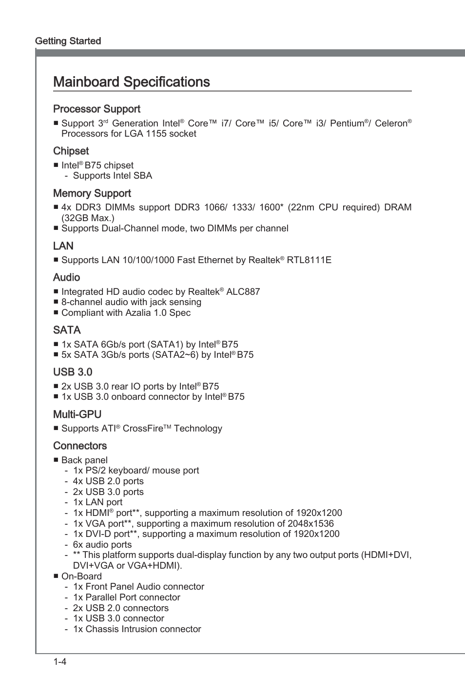 Mainboard specifications, Manboard specficatons -4, Manboard specficatons | MSI B75MA-G43 User Manual | Page 14 / 76
