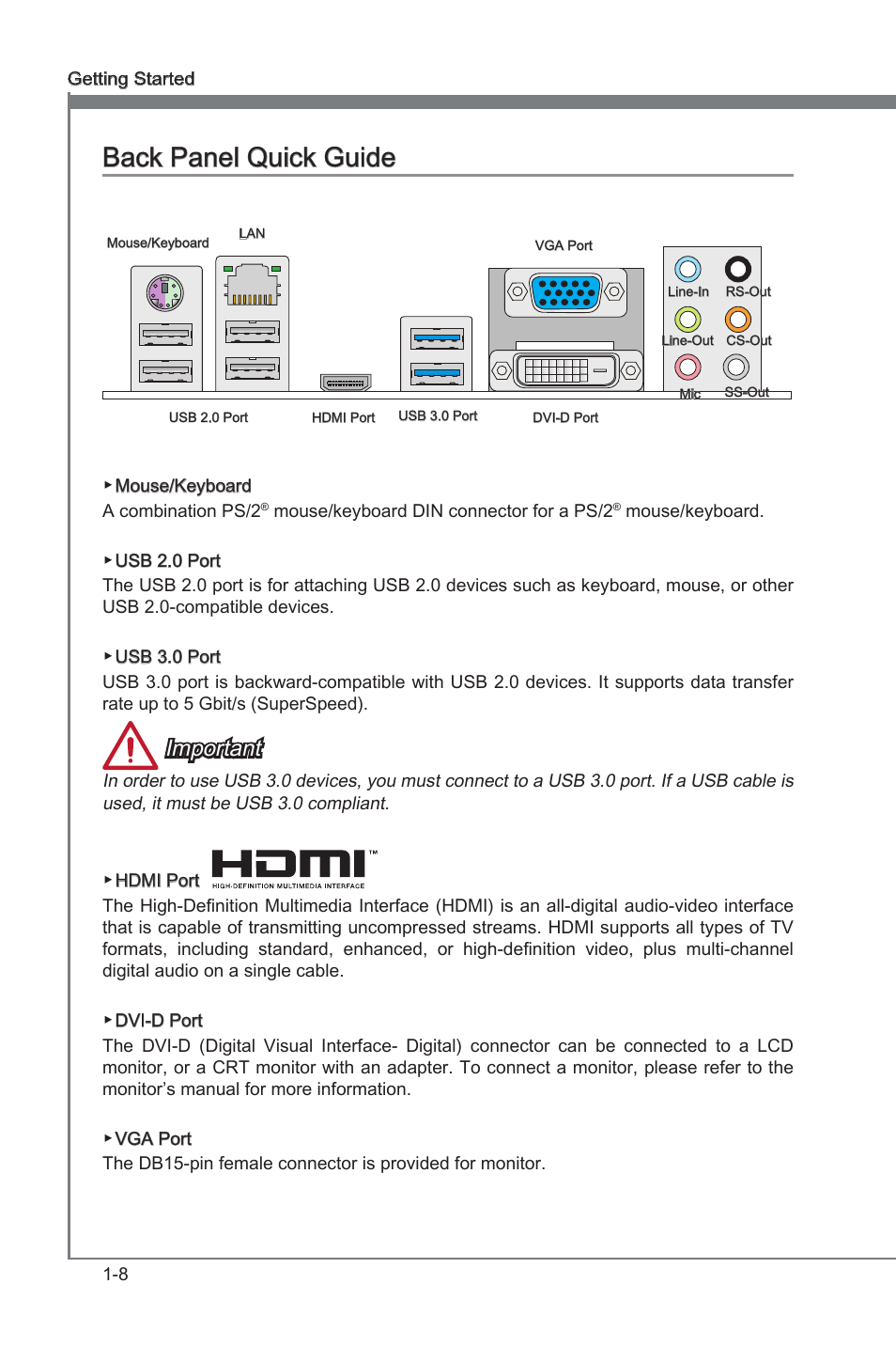 Back panel quick guide, Back panel quck gude -8, Back panel quck gude | Important | MSI B75MA-G43 User Manual | Page 18 / 76