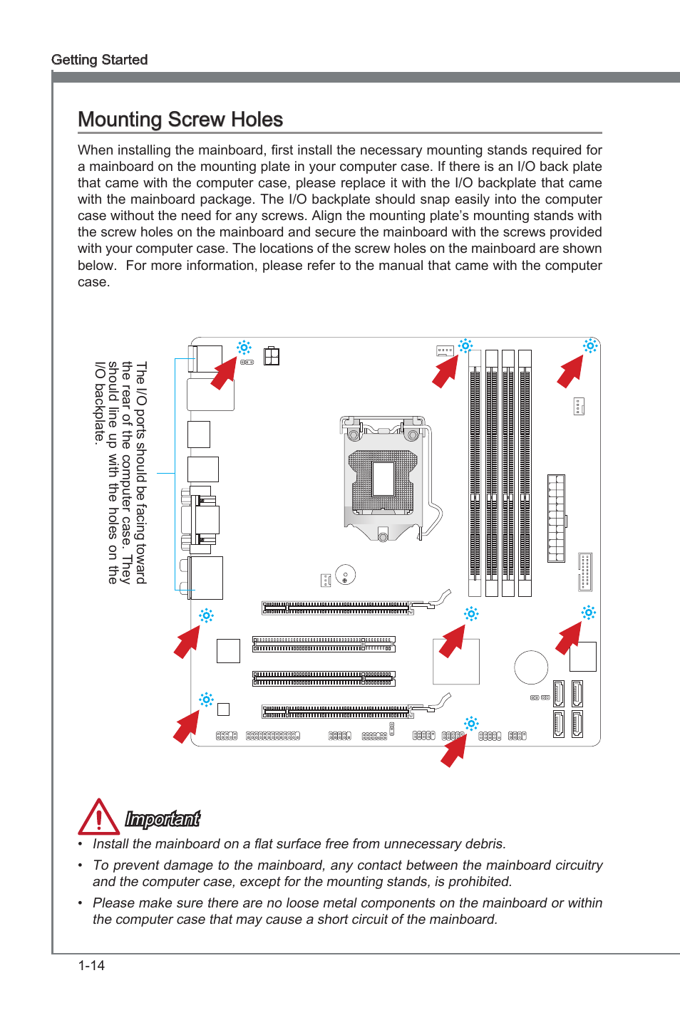 Mounting screw holes, Mountng screw holes -14, Mountng screw holes | Important | MSI B75MA-G43 User Manual | Page 24 / 76