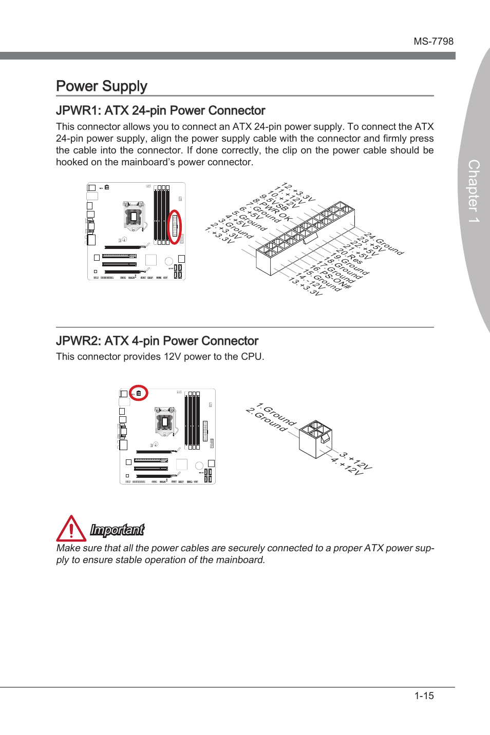 Power supply, Power supply -15, Jpwr1 | Atx 24-pn power connector, Jpwr2, Atx 4-pn power connector, Chapter 1 power supply, Jpwr1: atx 24-pn power connector, Jpwr2: atx 4-pn power connector, Important | MSI B75MA-G43 User Manual | Page 25 / 76