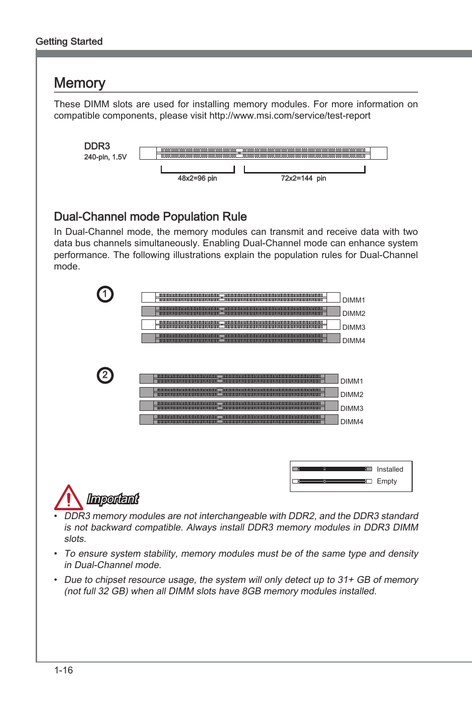 Memory, Memory -16, Dual-channel mode populaton rule | Important | MSI B75MA-G43 User Manual | Page 26 / 76