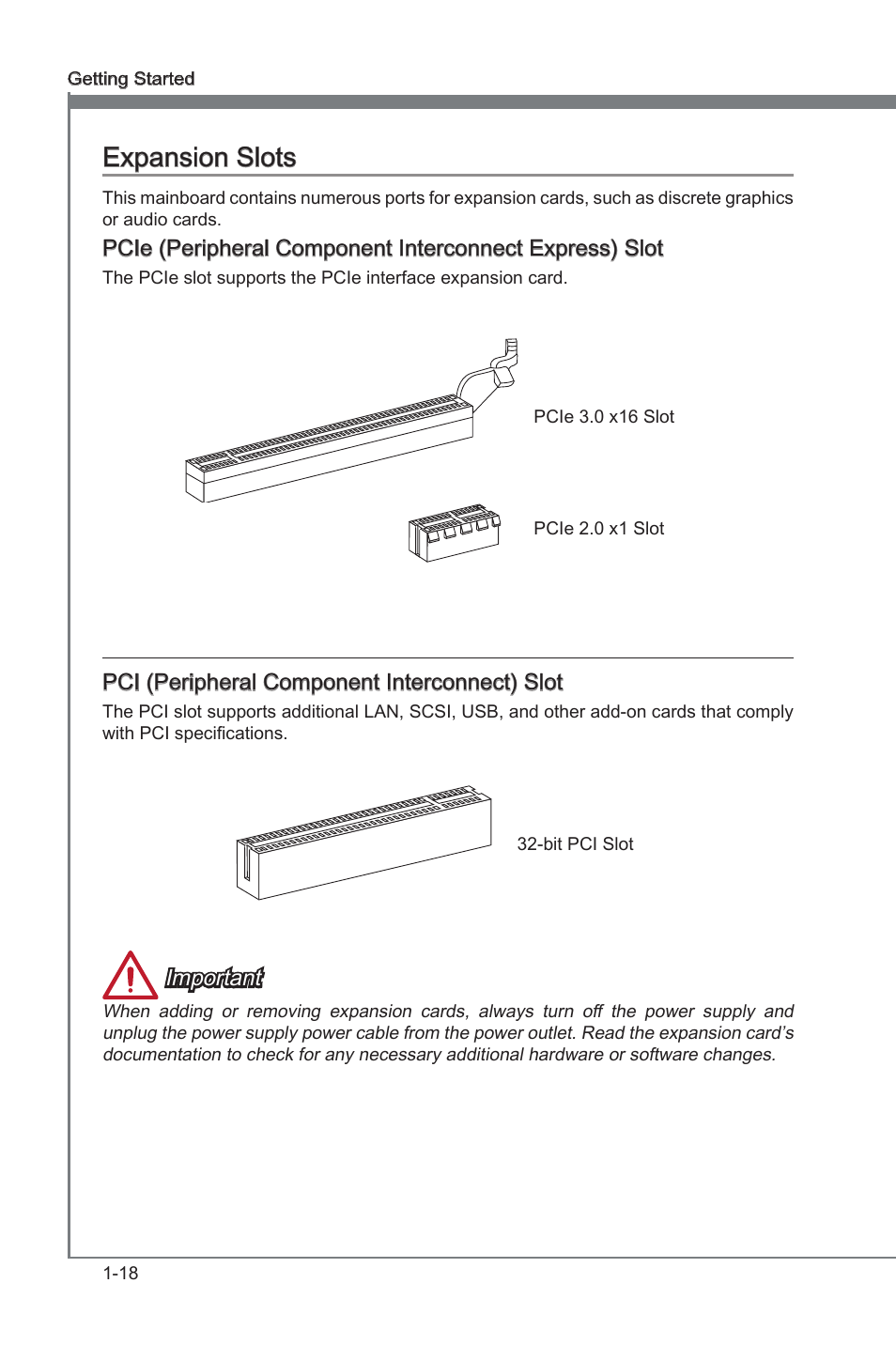 Expansion slots, Expanson slots -18, On slot | Expanson slots, Pci (perpheral component interconnect) slot, Important | MSI B75MA-G43 User Manual | Page 28 / 76