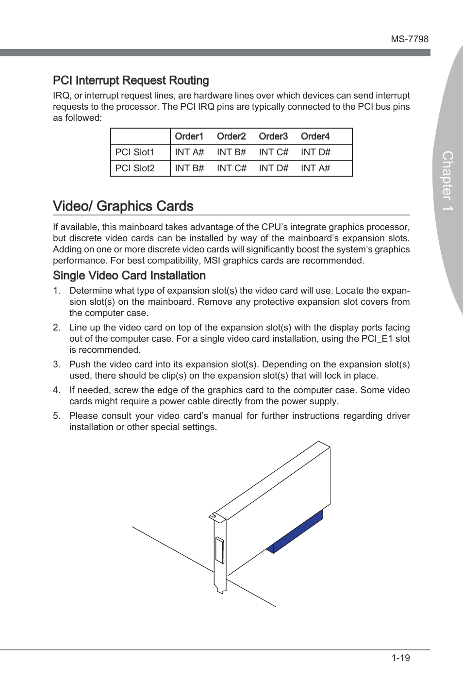 Video/ graphics cards, Vdeo/ graphcs cards -19, Chapter 1 | Vdeo/ graphcs cards, Pci interrupt request routng, Sngle vdeo card installaton | MSI B75MA-G43 User Manual | Page 29 / 76