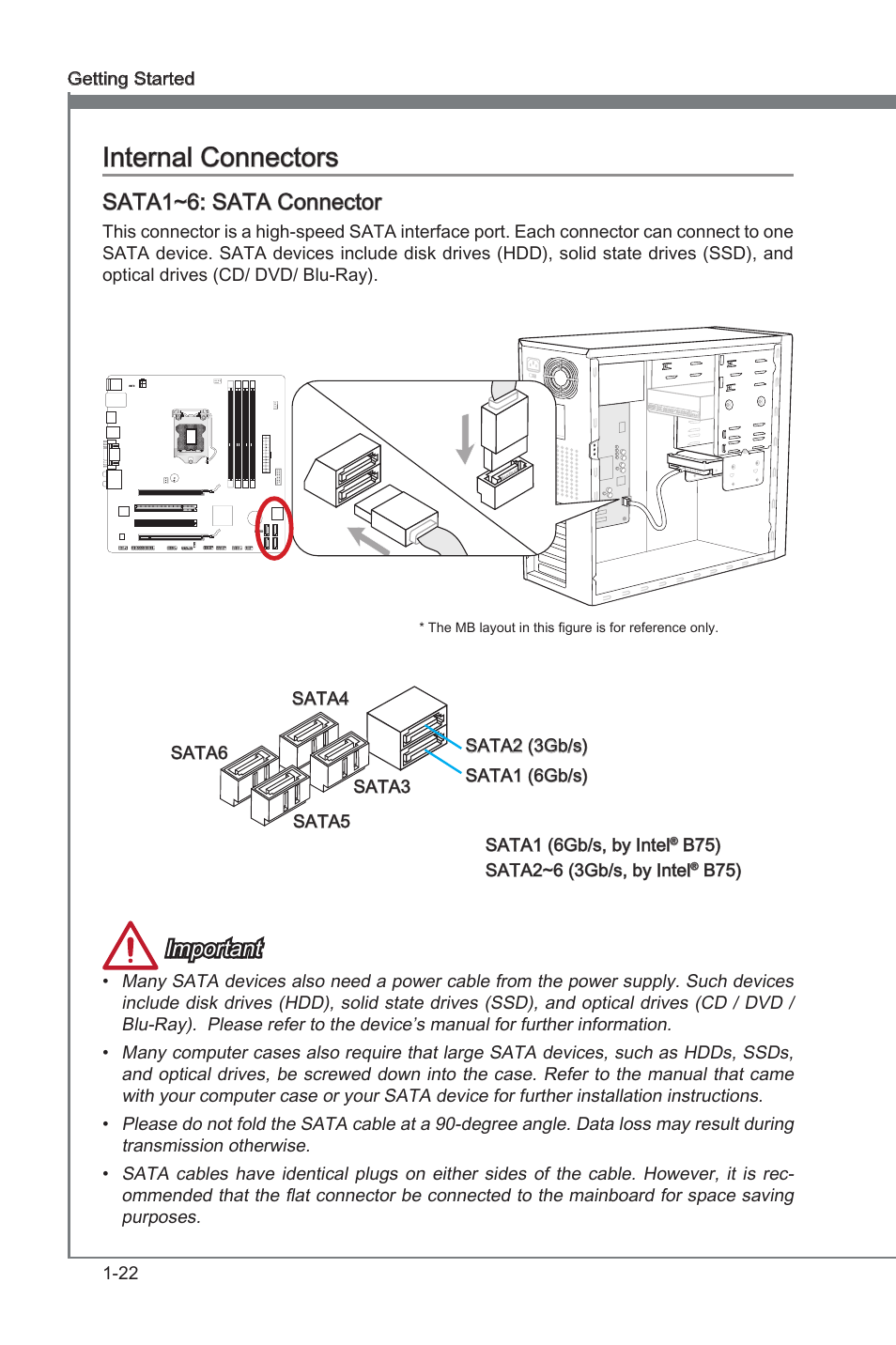 Internal connectors, Internal connectors -22, Sata 6gb/s connector | Sata 3gb/s connector, Sata1~6: sata connector, Important | MSI B75MA-G43 User Manual | Page 32 / 76