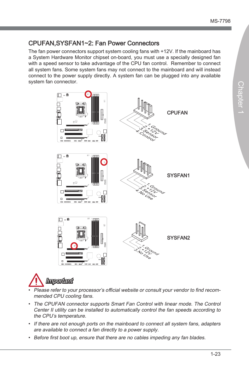 Cpufan,sysfan1~2, Fan power connectors, Chapter 1 | Cpufan,sysfan1~2: fan power connectors, Important | MSI B75MA-G43 User Manual | Page 33 / 76