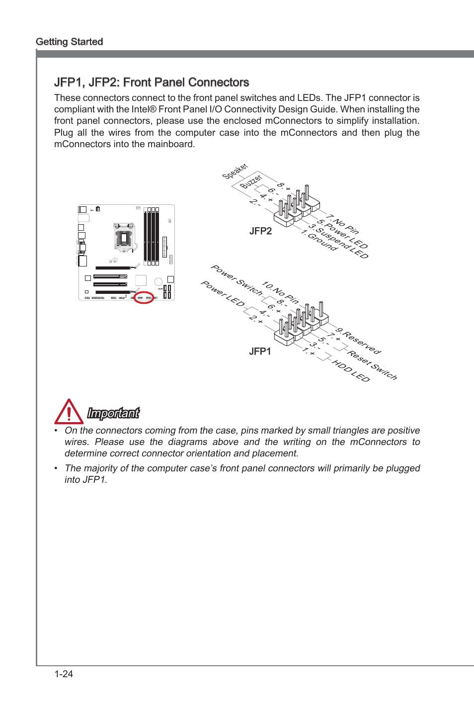 Jfp1, jfp2, Front panel connectors, Jfp1, jfp2: front panel connectors | Important | MSI B75MA-G43 User Manual | Page 34 / 76