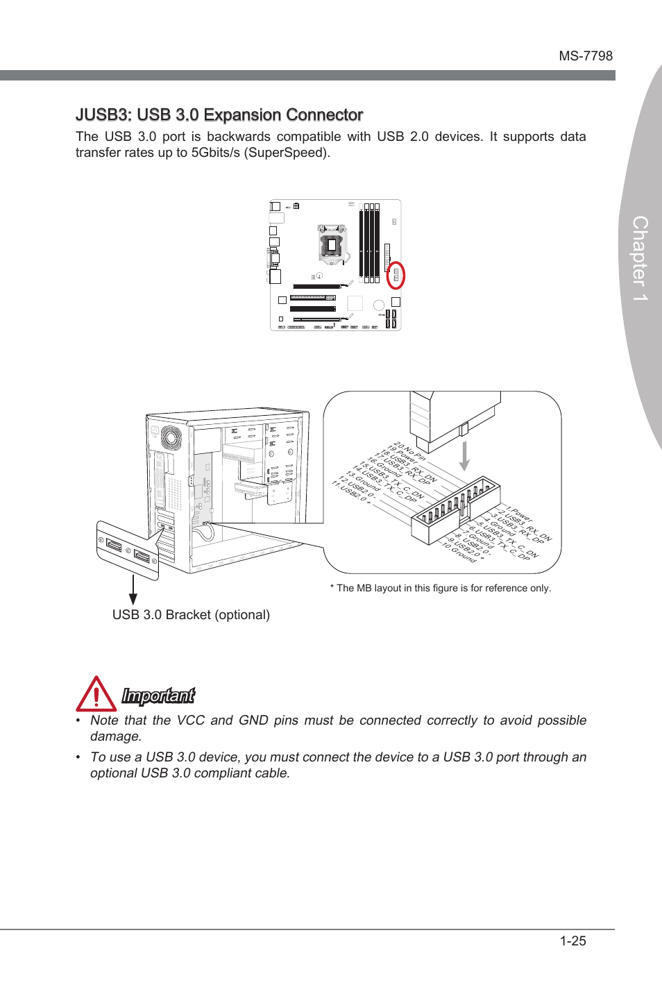 Jusb3, Usb 3.0 expanson connector, Chapter 1 | Jusb3: usb 3.0 expanson connector, Important, Usb 3.0 bracket (optonal) | MSI B75MA-G43 User Manual | Page 35 / 76